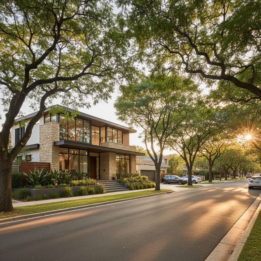 Beautiful home on tree-lined street with modern architecture and mature landscaping